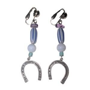 Vtg Sterling Silver Horseshoe Earrings Dangle Drop Clip-On Vintage Blue 2.75 in